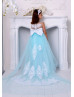 Illusion Neck Blue Lace Tulle Long Flower Girl Dress